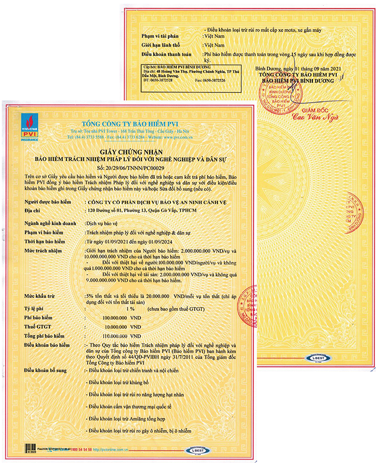 Giấy chứng nhận bảo hiểm trách nhiệm pháp lý