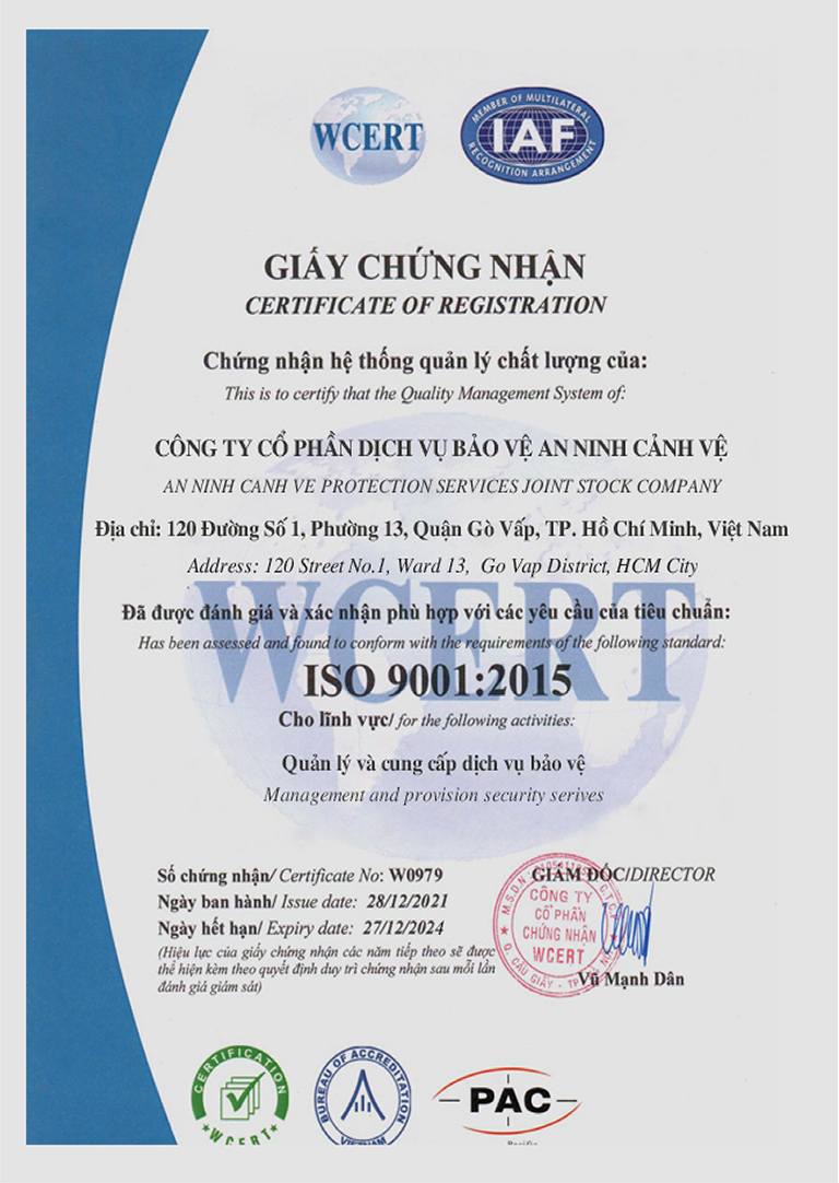 Giấy chứng nhận quản lý hệ thống chất lượng